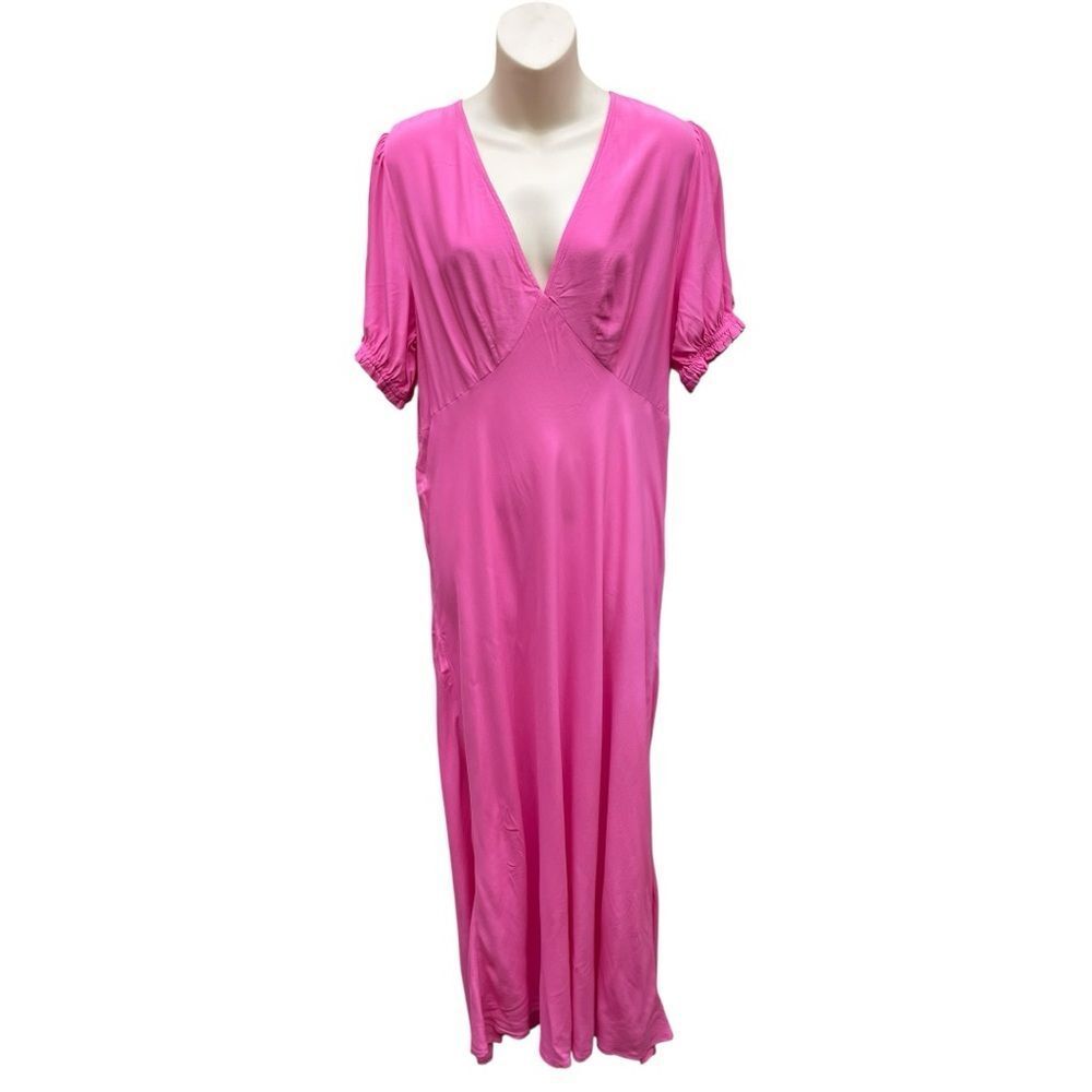 A New Day Hot Pink Maxi Dress Size L V-Neck Short Sleeve